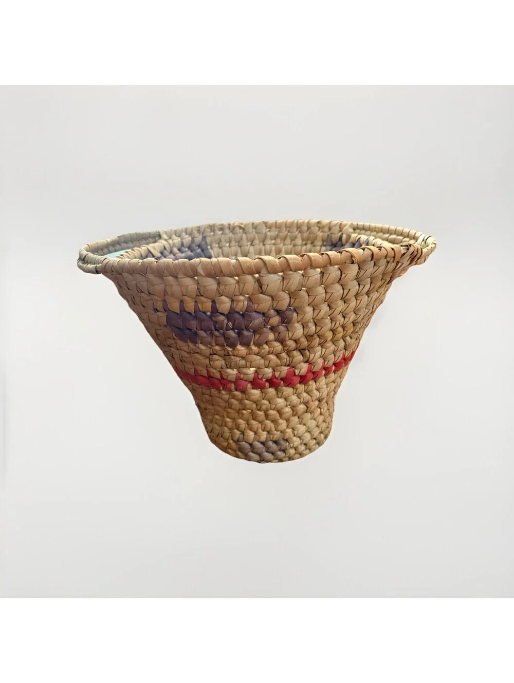 Vintage Handmade Coiled Basket With Handles Light Blue & Pink 14